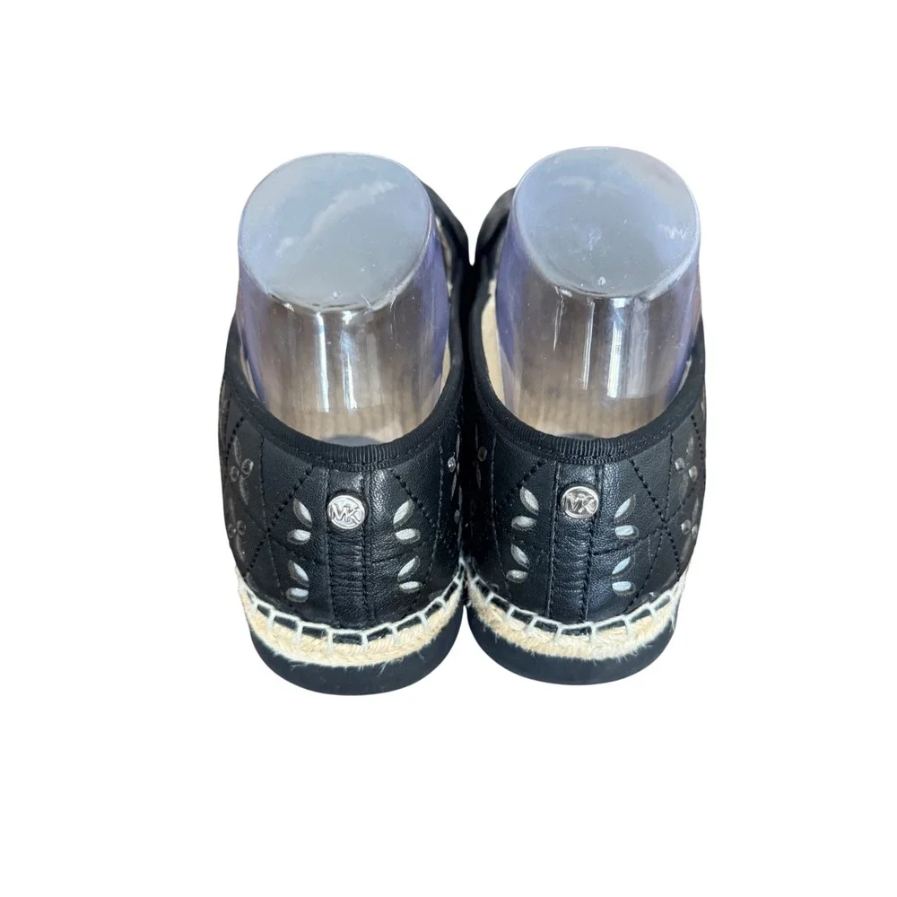 Michael Kors Black Leather Laser Cut Floral‎ Espadrille Platform Slip On Shoes